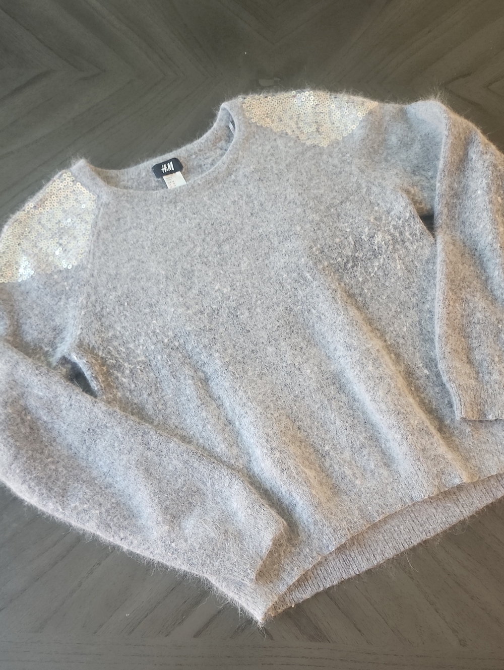 H&M Light Gray Fuzzy Wool Crewneck Sweater with Shoulder Sequins Size M